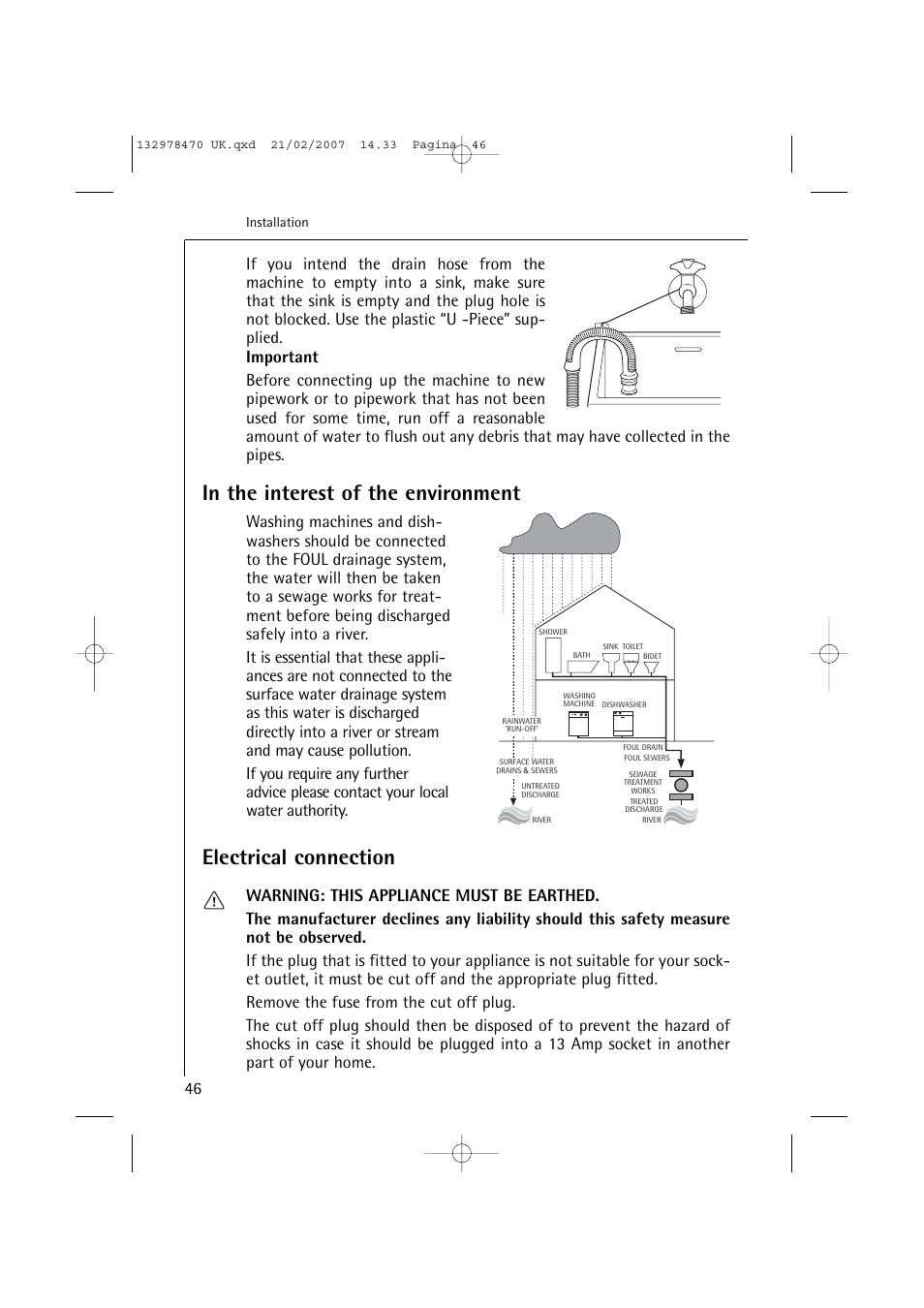 Electrical connection | AEG Lavamat 74900 User Manual | Page 46 / 48