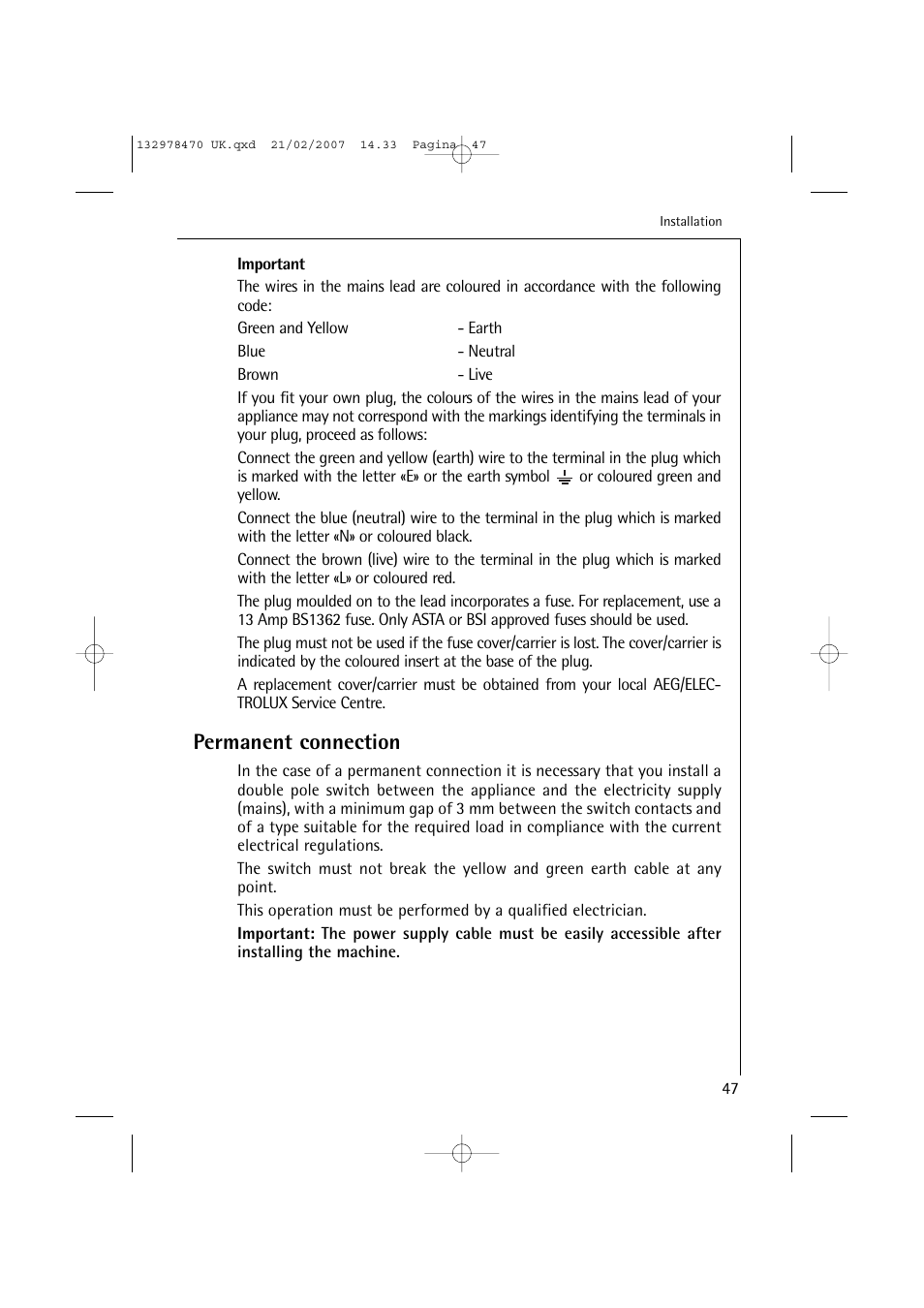 Permanent connection | AEG Lavamat 74900 User Manual | Page 47 / 48