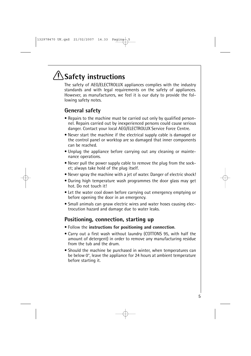 Safety instructions, General safety, Positioning, connection, starting up | AEG Lavamat 74900 User Manual | Page 5 / 48