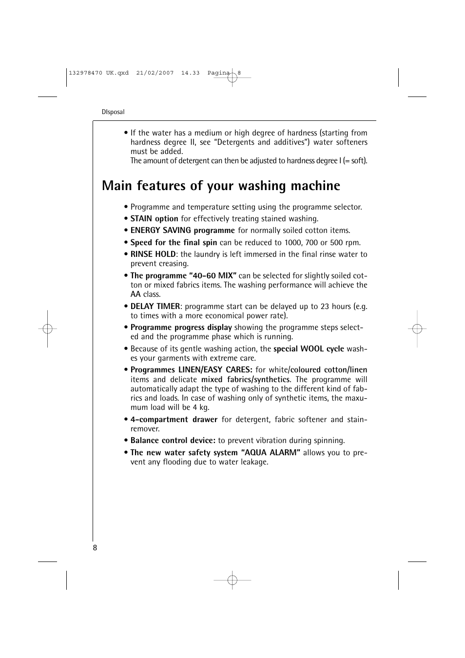 Main features of your washing machine | AEG Lavamat 74900 User Manual | Page 8 / 48