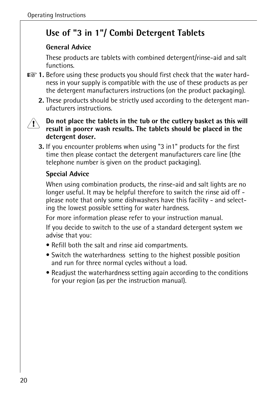 Use of "3 in 1"/ combi detergent tablets | AEG FAVORIT 33060 I User Manual | Page 20 / 40