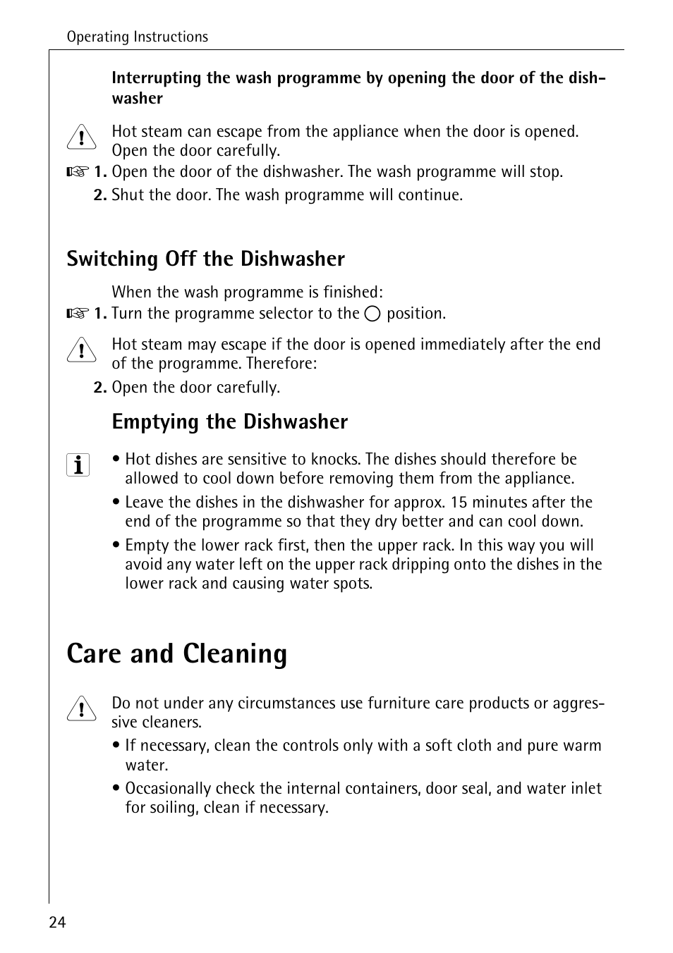Care and cleaning, Switching off the dishwasher, Emptying the dishwasher | AEG FAVORIT 33060 I User Manual | Page 24 / 40