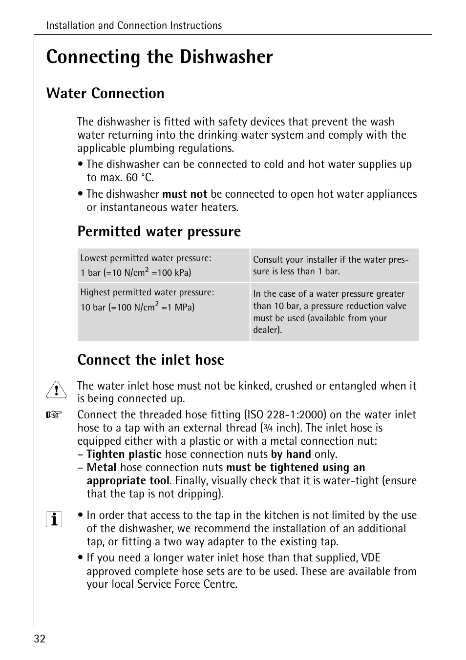 Connecting the dishwasher, Water connection, Permitted water pressure connect the inlet hose | AEG FAVORIT 33060 I User Manual | Page 32 / 40