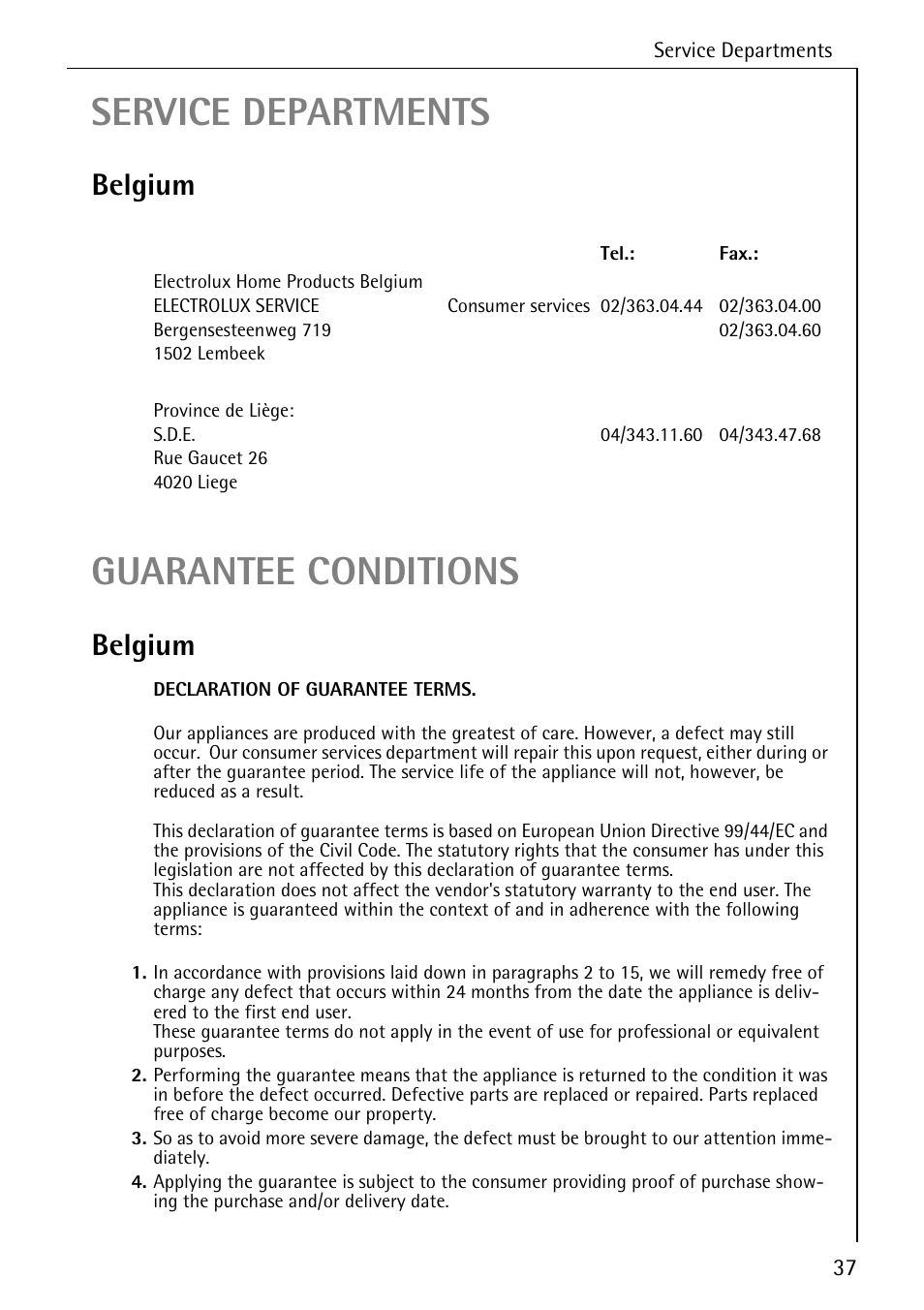 Service departments, Guarantee conditions, Belgium | AEG FAVORIT 33060 I User Manual | Page 37 / 40