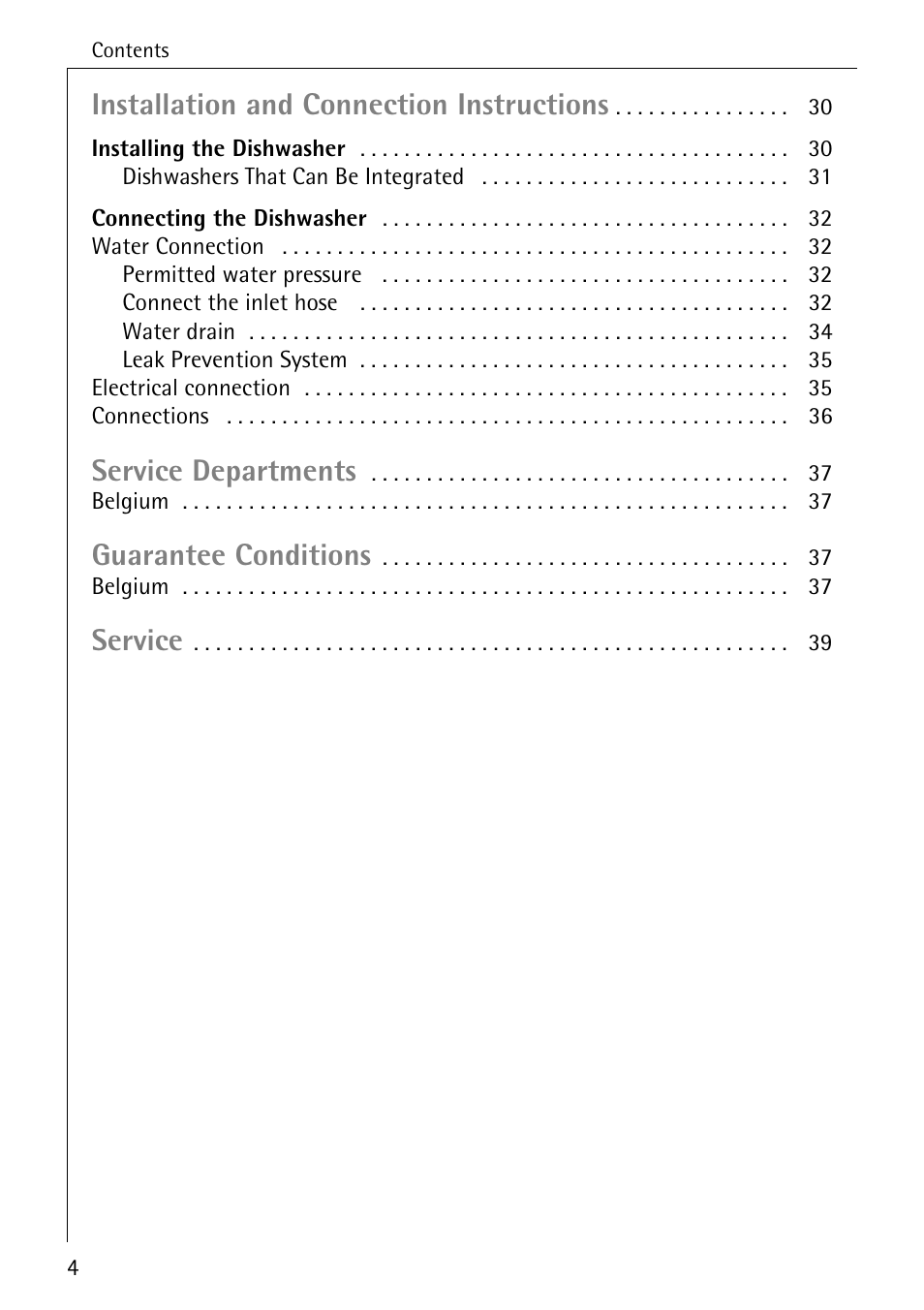 Installation and connection instructions, Service departments, Guarantee conditions | Service | AEG FAVORIT 33060 I User Manual | Page 4 / 40