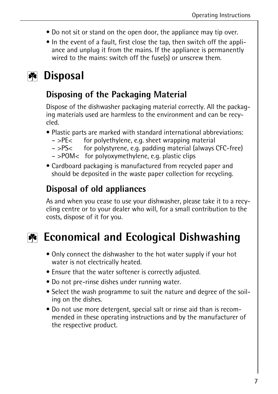 Disposal, Economical and ecological dishwashing, Disposing of the packaging material | Disposal of old appliances | AEG FAVORIT 33060 I User Manual | Page 7 / 40