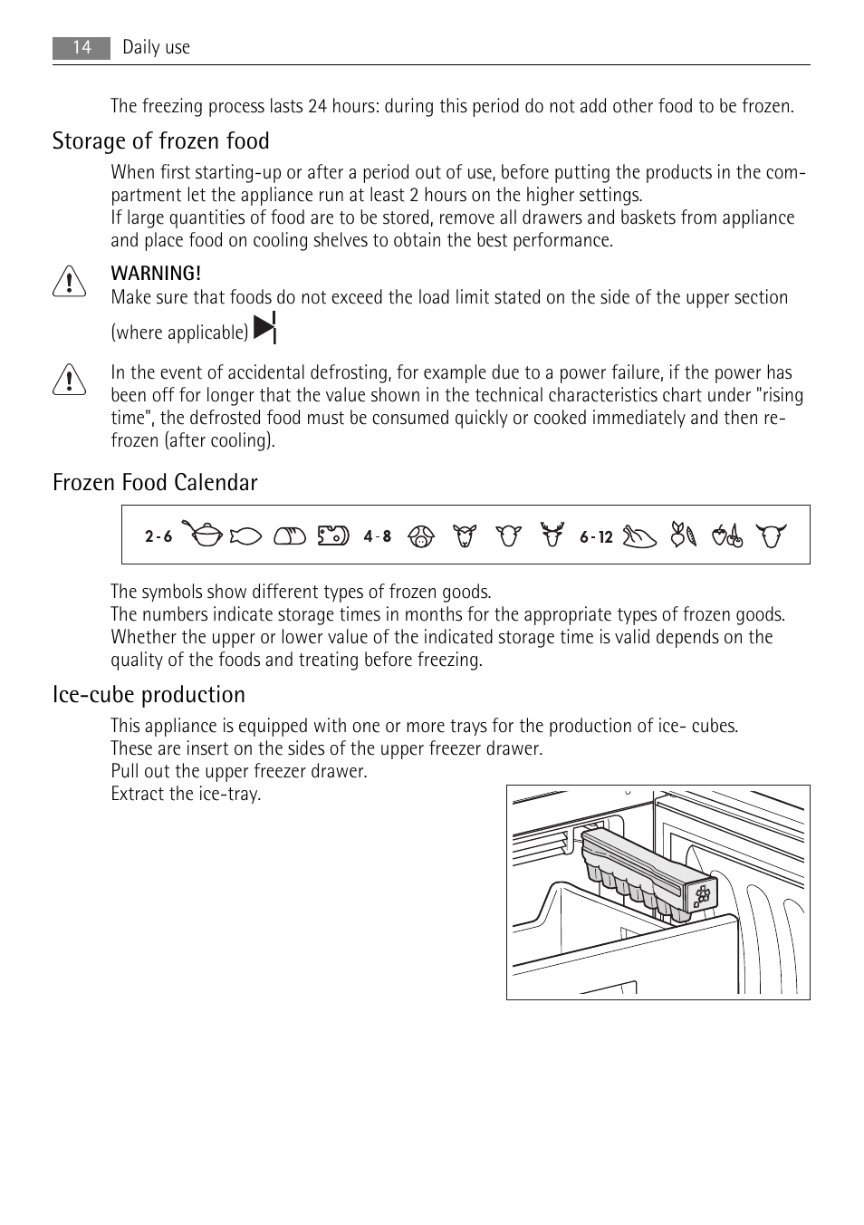 Storage of frozen food, Frozen food calendar, Ice-cube production | AEG S94400CTX0 User Manual | Page 14 / 28