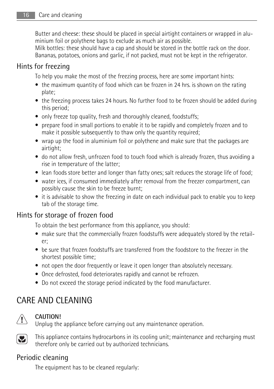 Care and cleaning, Hints for freezing, Hints for storage of frozen food | Periodic cleaning | AEG S94400CTX0 User Manual | Page 16 / 28