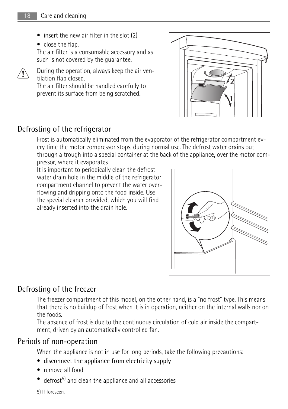 Defrosting of the refrigerator, Defrosting of the freezer, Periods of non-operation | AEG S94400CTX0 User Manual | Page 18 / 28