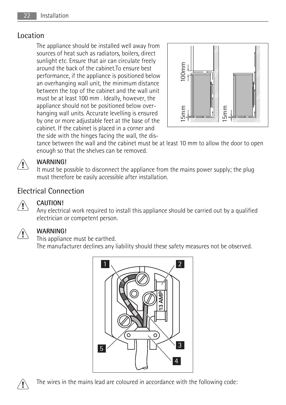 Location, Electrical connection | AEG S94400CTX0 User Manual | Page 22 / 28