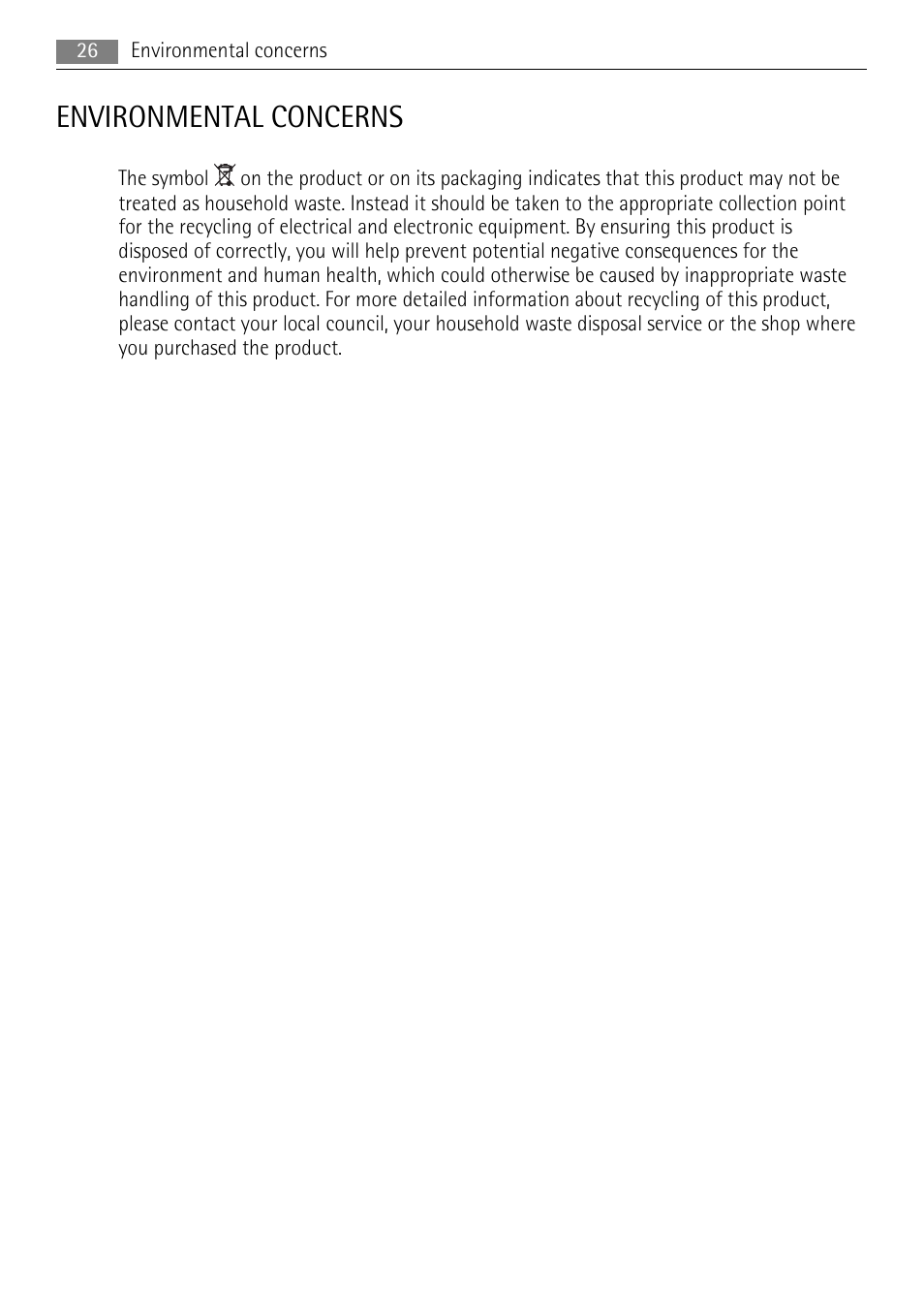Environmental concerns | AEG S94400CTX0 User Manual | Page 26 / 28