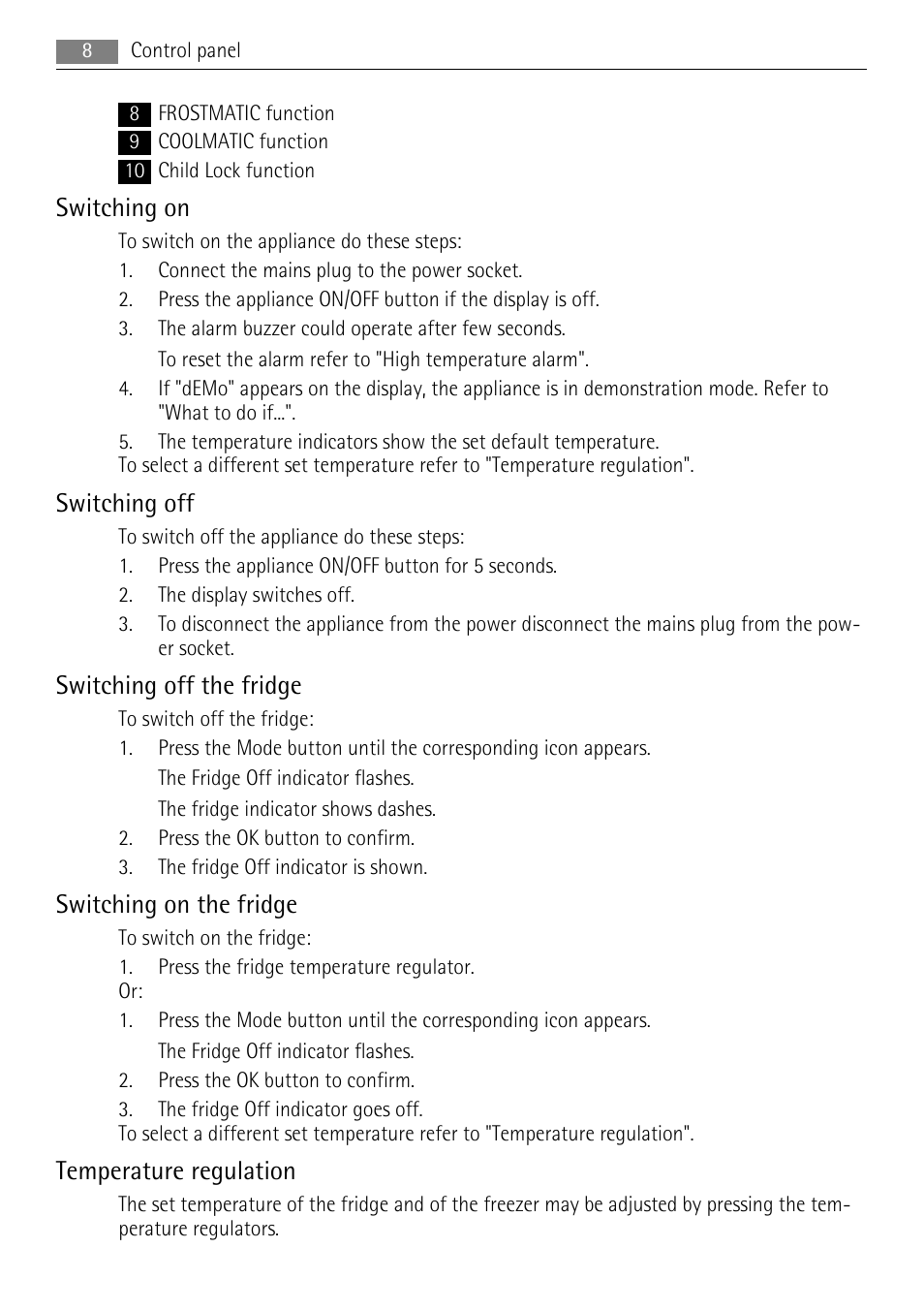 Switching on, Switching off, Switching off the fridge | Switching on the fridge, Temperature regulation | AEG S94400CTX0 User Manual | Page 8 / 28