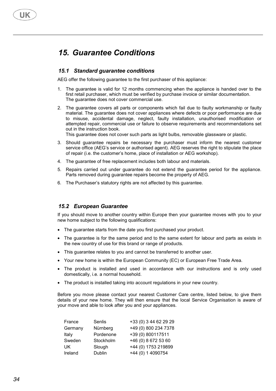 Guarantee conditions | AEG C41022V User Manual | Page 34 / 36