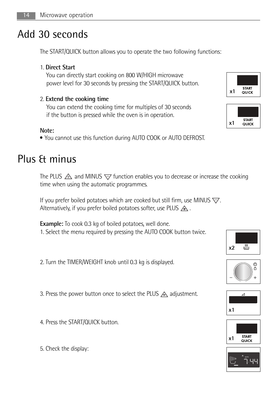 Add 30 seconds, Plus & minus, 14 microwave operation | AEG MC1753E User Manual | Page 14 / 36