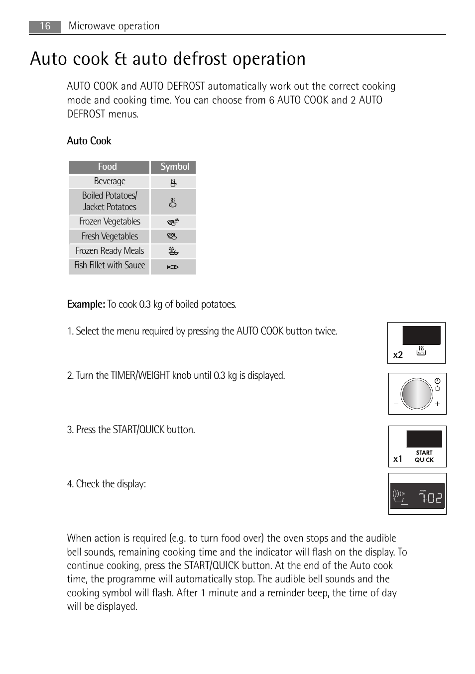 Auto cook & auto defrost operation, 16 microwave operation | AEG MC1753E User Manual | Page 16 / 36