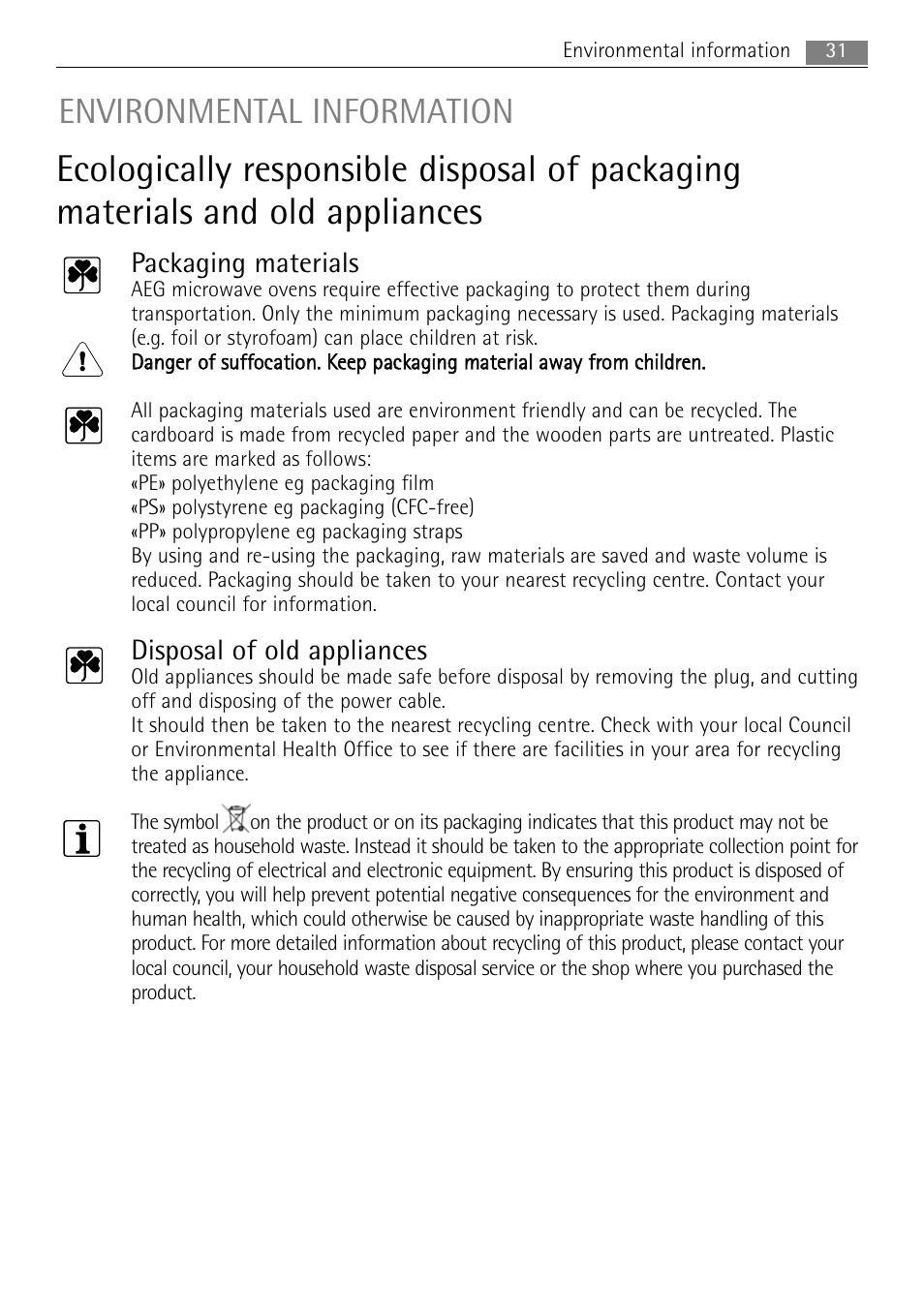 Environmental information, Packaging materials, Disposal of old appliances | AEG MC1753E User Manual | Page 31 / 36