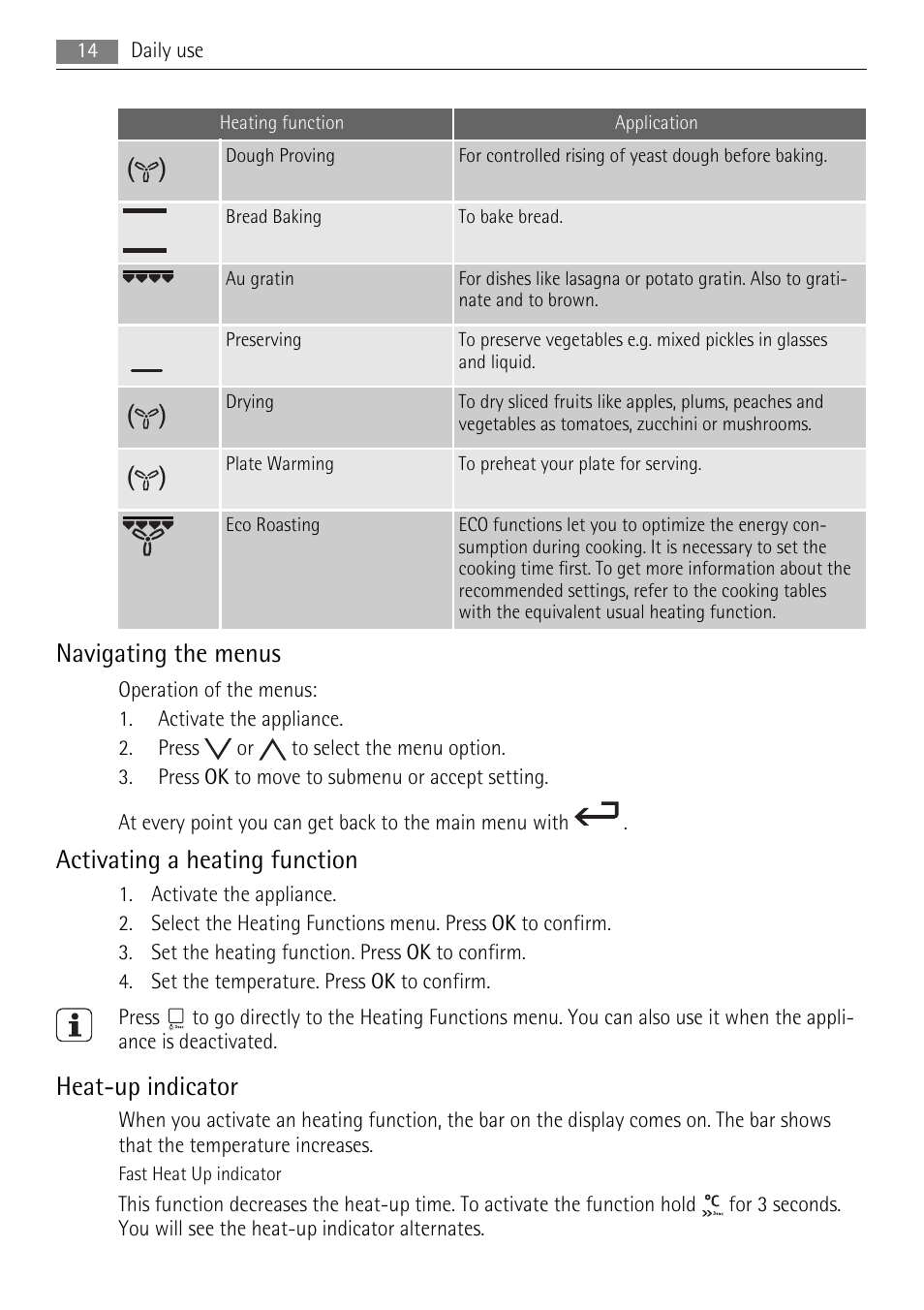 Navigating the menus, Activating a heating function, Heat-up indicator | AEG BP8314001 User Manual | Page 14 / 32