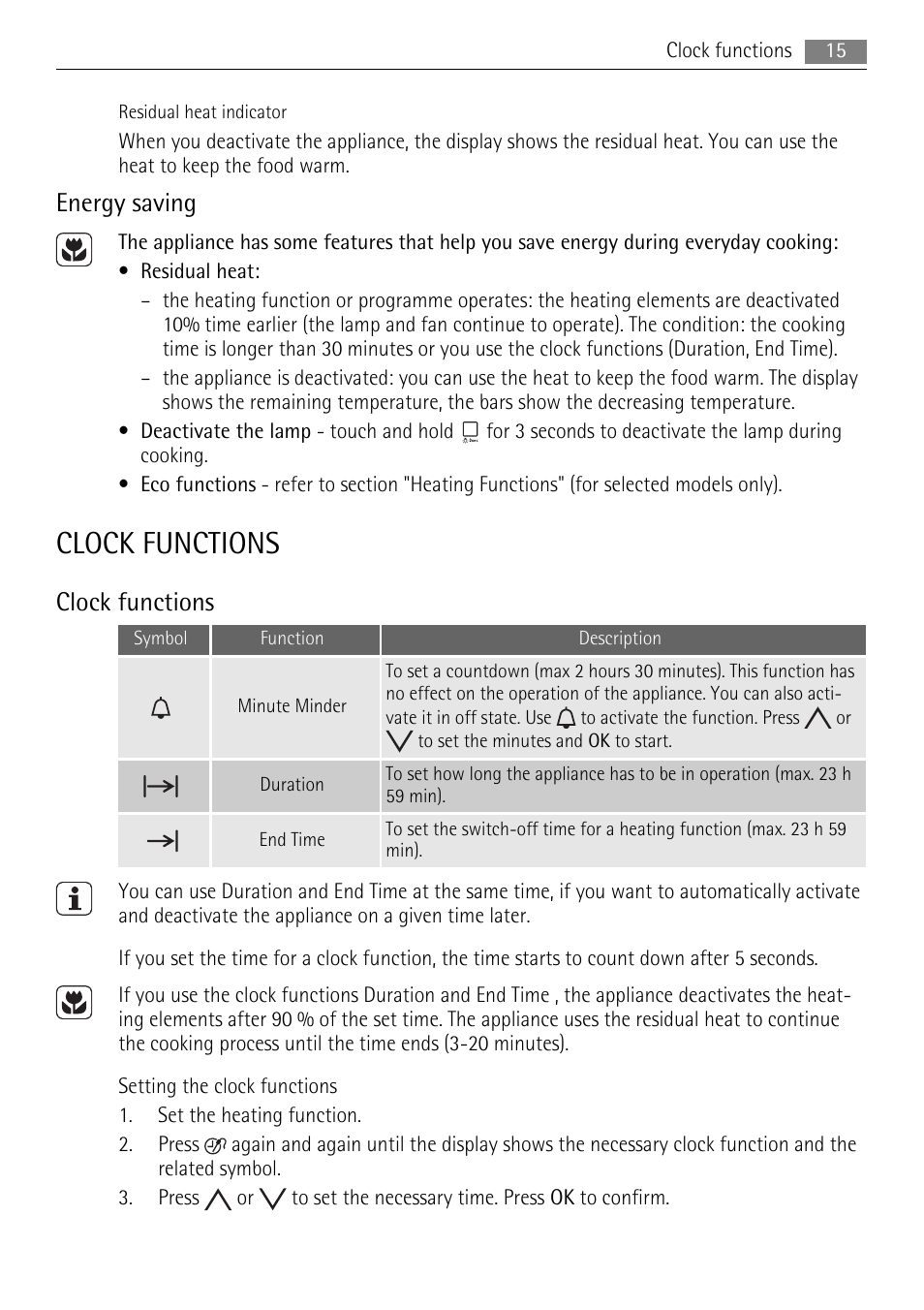 Clock functions, Energy saving | AEG BP8314001 User Manual | Page 15 / 32