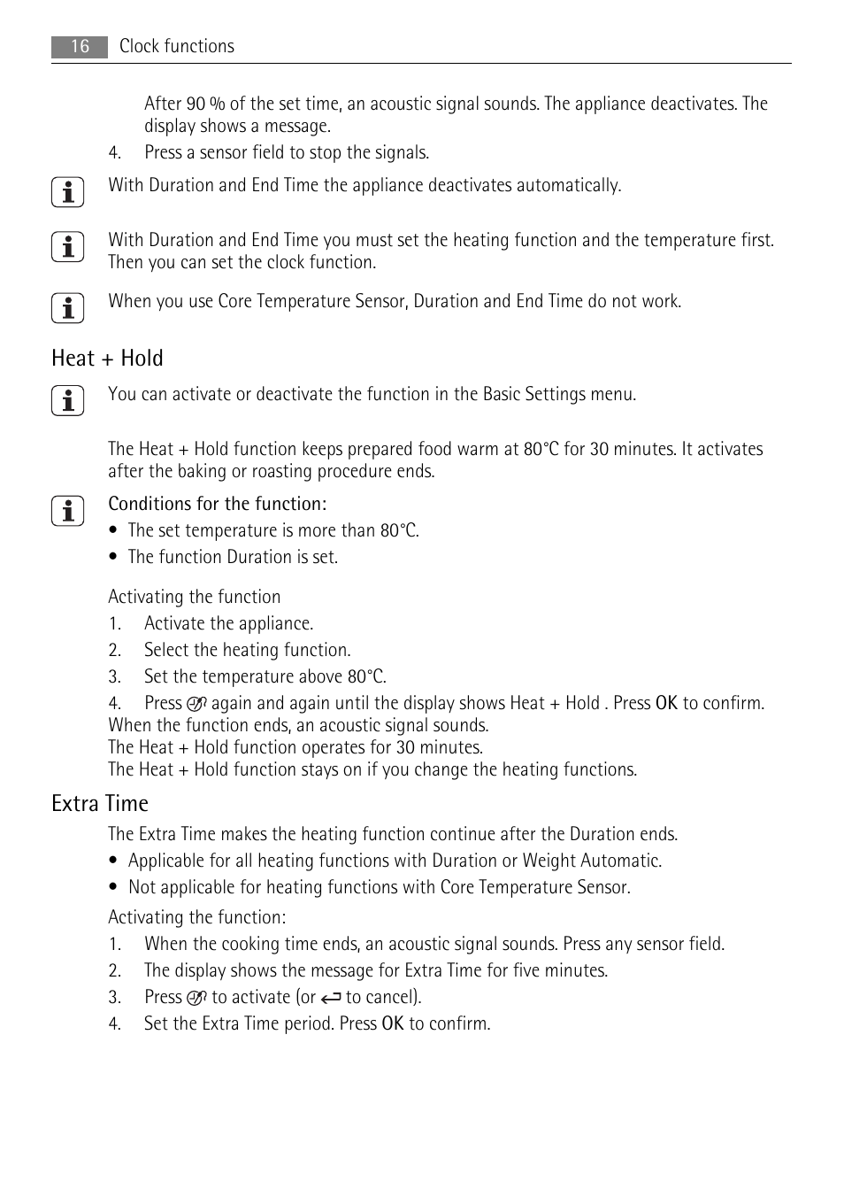 Heat + hold, Extra time | AEG BP8314001 User Manual | Page 16 / 32