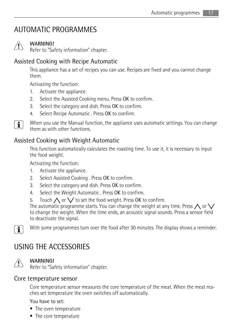 Automatic programmes, Using the accessories, Assisted cooking with recipe automatic | Assisted cooking with weight automatic, Core temperature sensor | AEG BP8314001 User Manual | Page 17 / 32