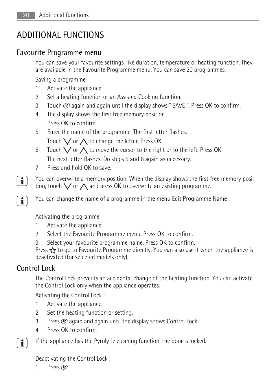 Additional functions, Favourite programme menu, Control lock | AEG BP8314001 User Manual | Page 20 / 32