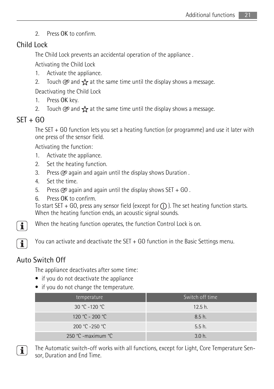 Child lock, Set + go, Auto switch off | AEG BP8314001 User Manual | Page 21 / 32