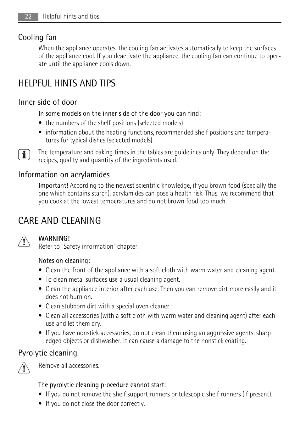 Helpful hints and tips, Care and cleaning, Cooling fan | Inner side of door, Information on acrylamides, Pyrolytic cleaning | AEG BP8314001 User Manual | Page 22 / 32