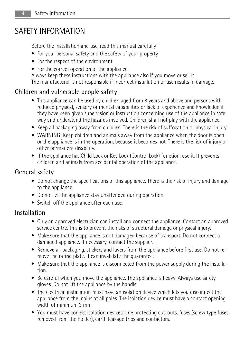 Safety information, Children and vulnerable people safety, General safety | Installation | AEG BP8314001 User Manual | Page 4 / 32