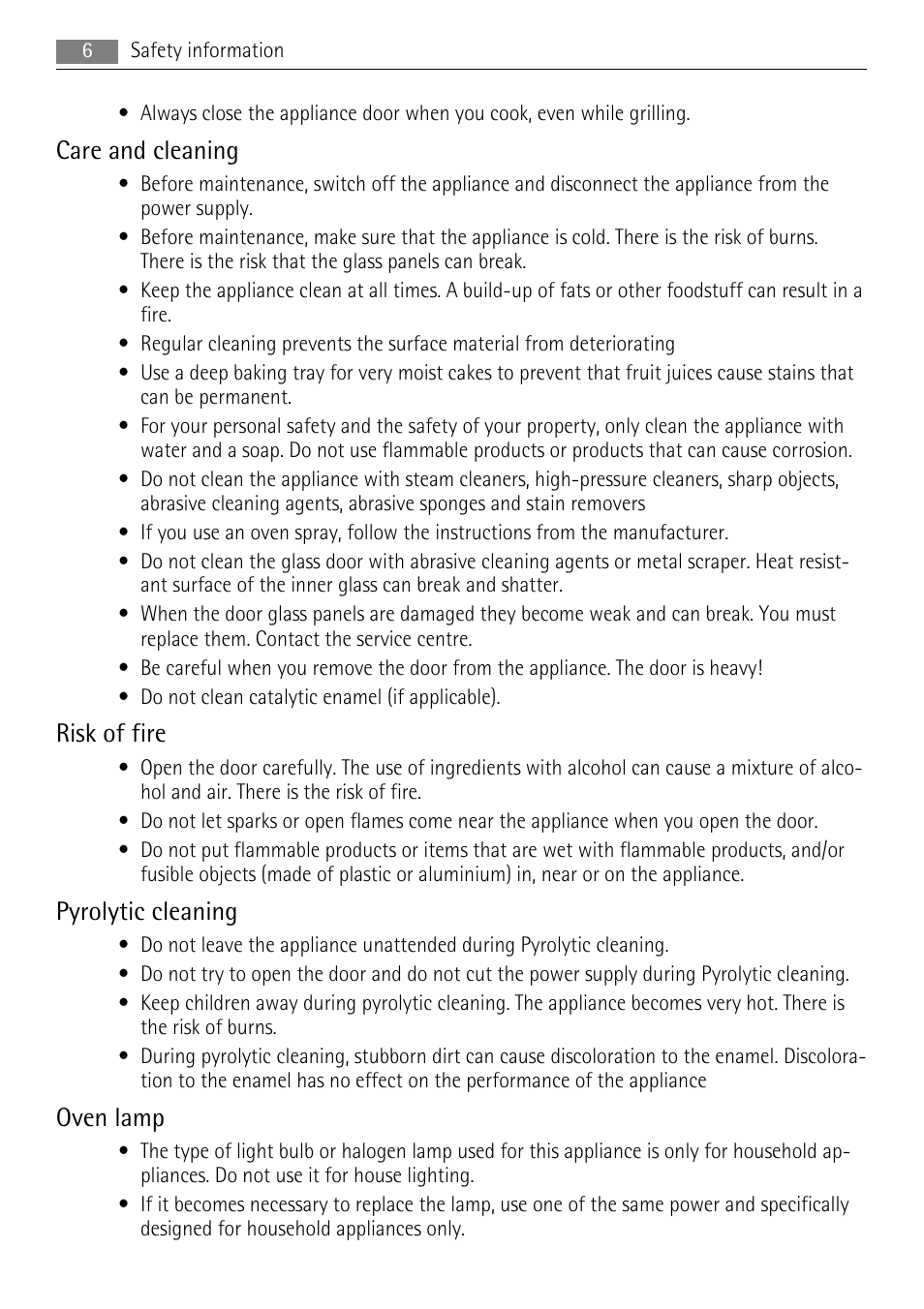 Care and cleaning, Risk of fire, Pyrolytic cleaning | Oven lamp | AEG BP8314001 User Manual | Page 6 / 32