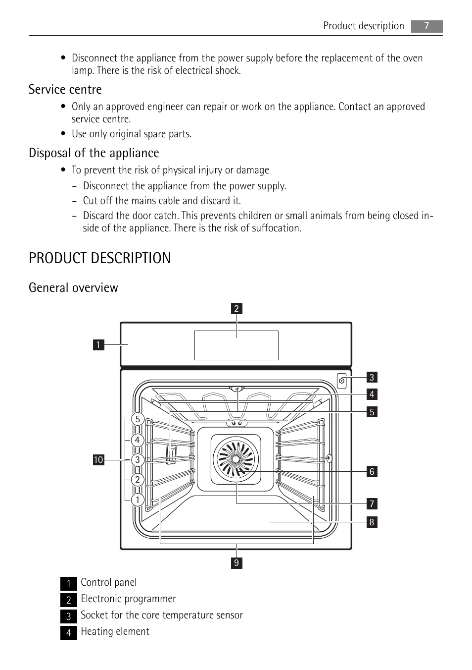 Product description, Service centre, Disposal of the appliance | General overview | AEG BP8314001 User Manual | Page 7 / 32