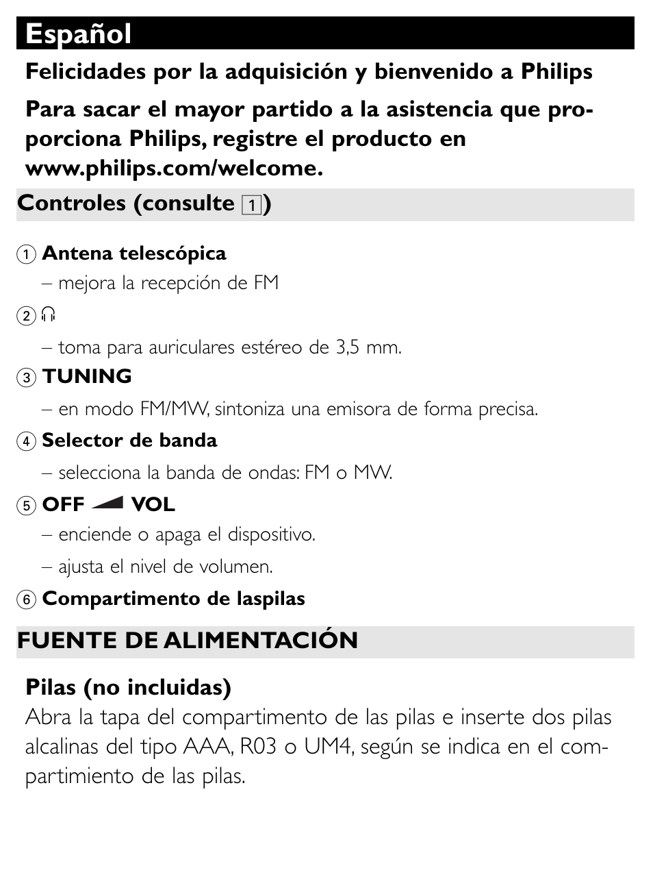 Español | Philips Radio portátil User Manual | Page 4 / 9