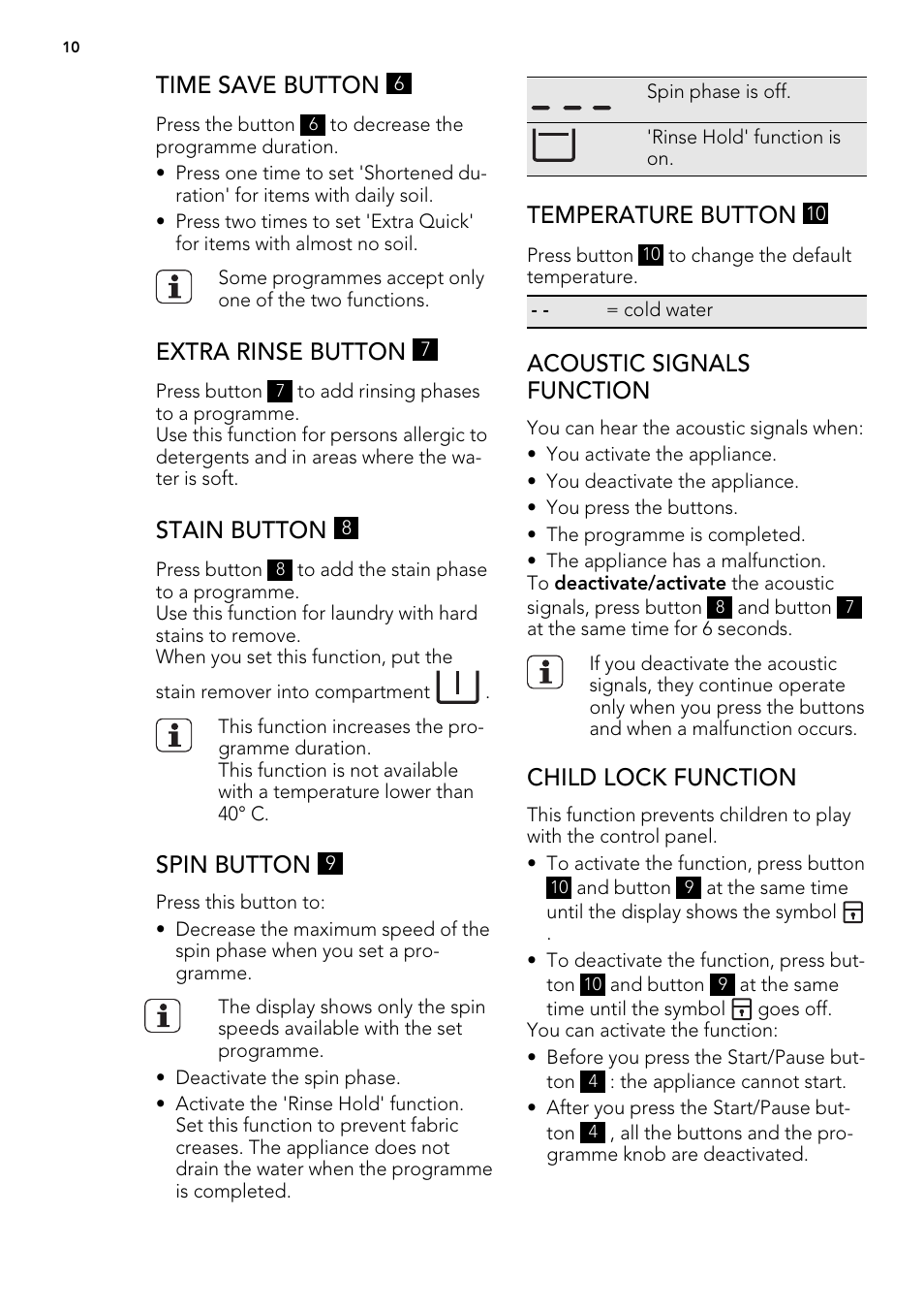 Time save button, Extra rinse button, Stain button | Spin button, Temperature button, Acoustic signals function, Child lock function | AEG L 71670 FL User Manual | Page 10 / 36