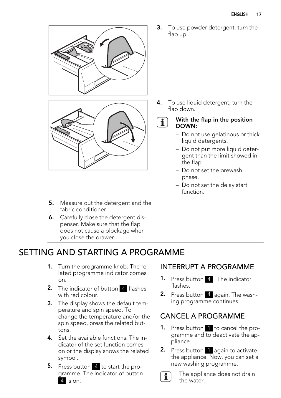 Setting and starting a programme, Interrupt a programme, Cancel a programme | AEG L 71670 FL User Manual | Page 17 / 36
