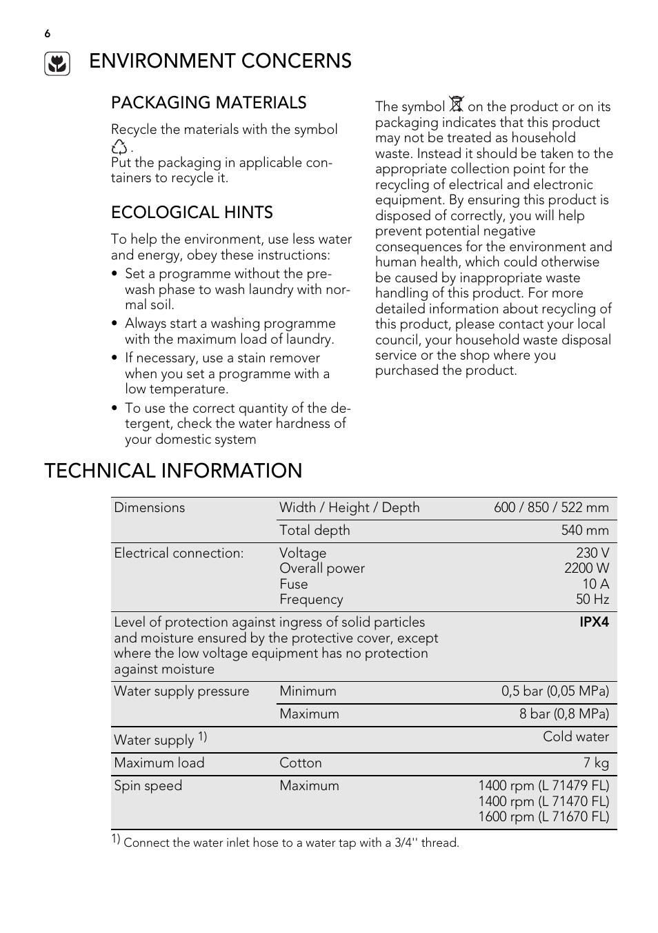 Environment concerns, Technical information, Packaging materials | Ecological hints | AEG L 71670 FL User Manual | Page 6 / 36