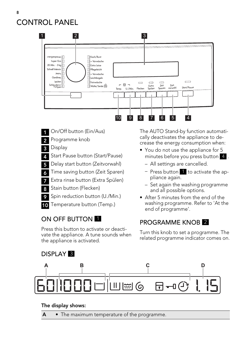 Control panel, On off button, Programme knob | Display, All settings are cancelled. – press button | AEG L 71670 FL User Manual | Page 8 / 36