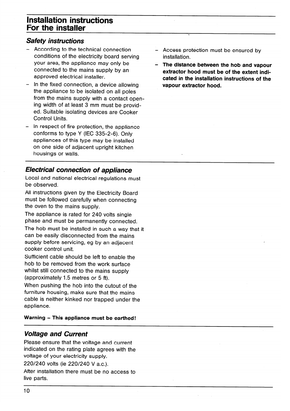 Installation instructions for the installer, Safety instructions, Eiectricai connection of appiiance | Voitage and current | AEG VITRAMIC 7250 K User Manual | Page 10 / 12