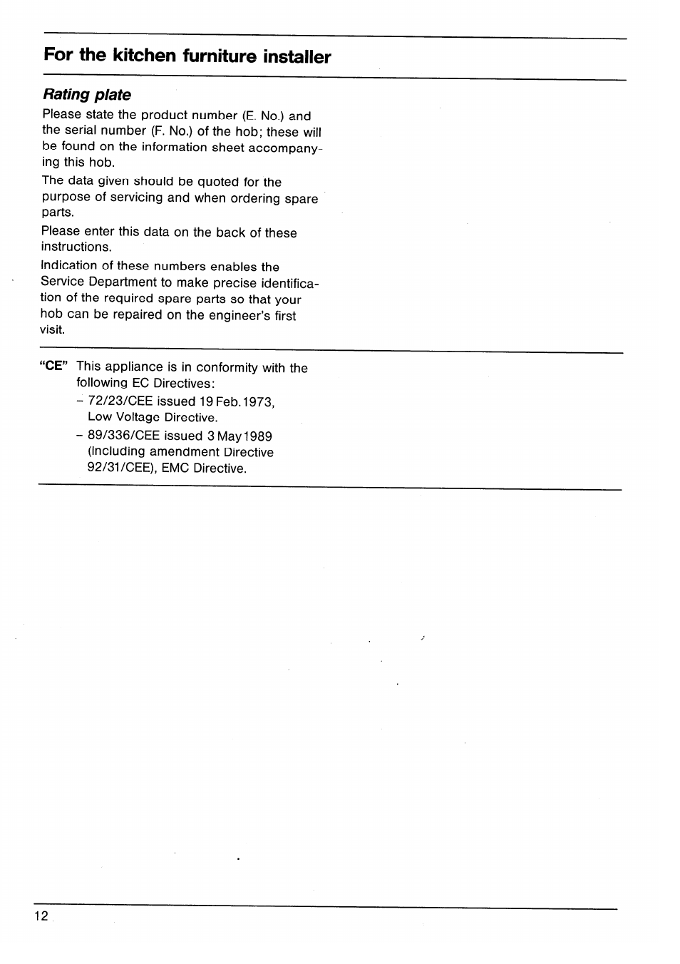 Rating plate, For the kitchen furniture installer | AEG VITRAMIC 7250 K User Manual | Page 12 / 12