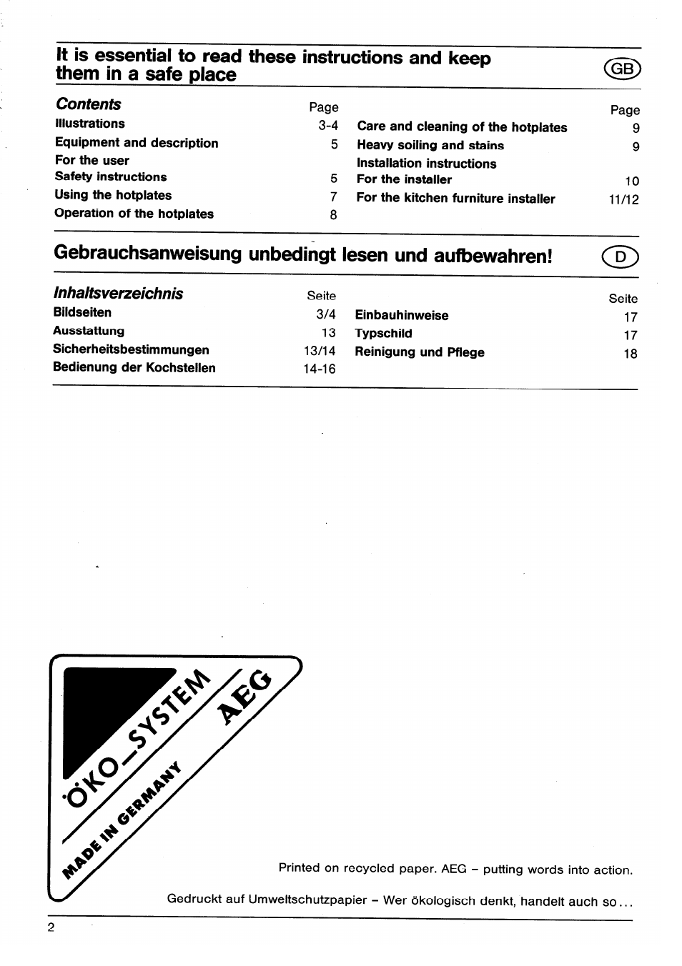 Gebrauchsanweisung unbedingt iesen und aufbewahren | AEG VITRAMIC 7250 K User Manual | Page 2 / 12