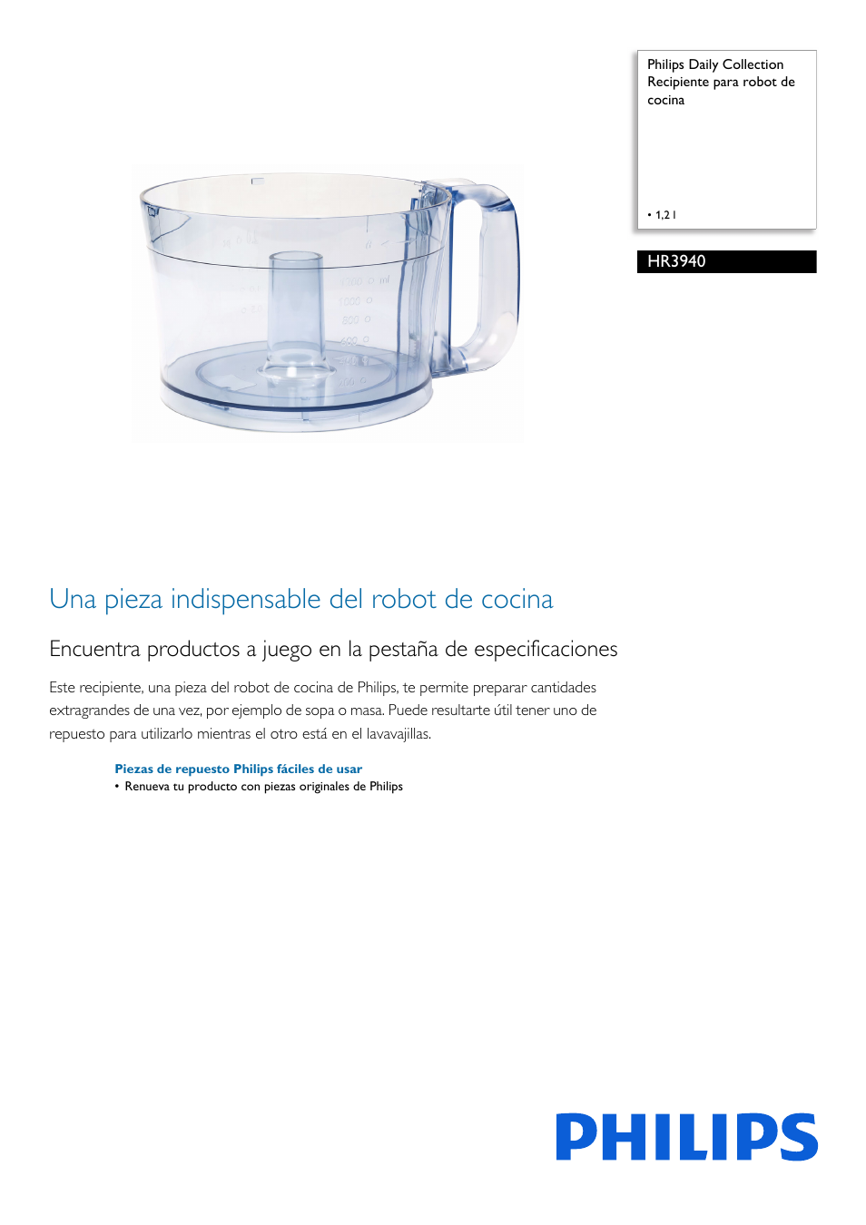 Philips Daily Collection Recipiente para robot de cocina User Manual | 2 pages