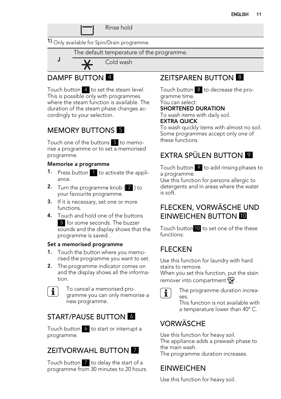 Dampf button, Start/pause button, Zeitvorwahl button | Zeitsparen button, Extra spülen button, Flecken, vorwäsche und einweichen button, Flecken, Vorwäsche, Einweichen | AEG L 98485 FL User Manual | Page 11 / 44