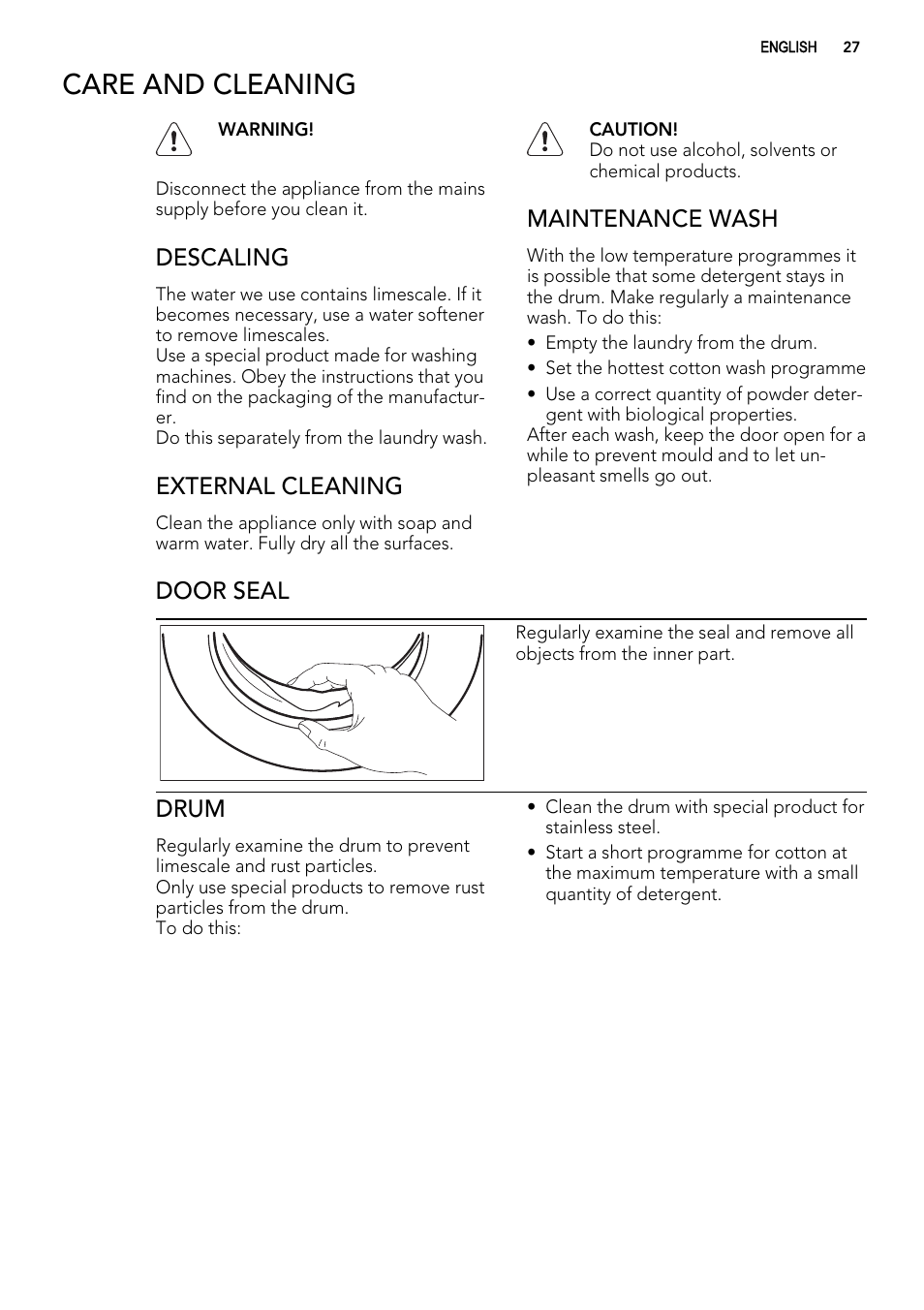 Care and cleaning, Descaling, External cleaning | Maintenance wash, Door seal, Drum | AEG L 98485 FL User Manual | Page 27 / 44