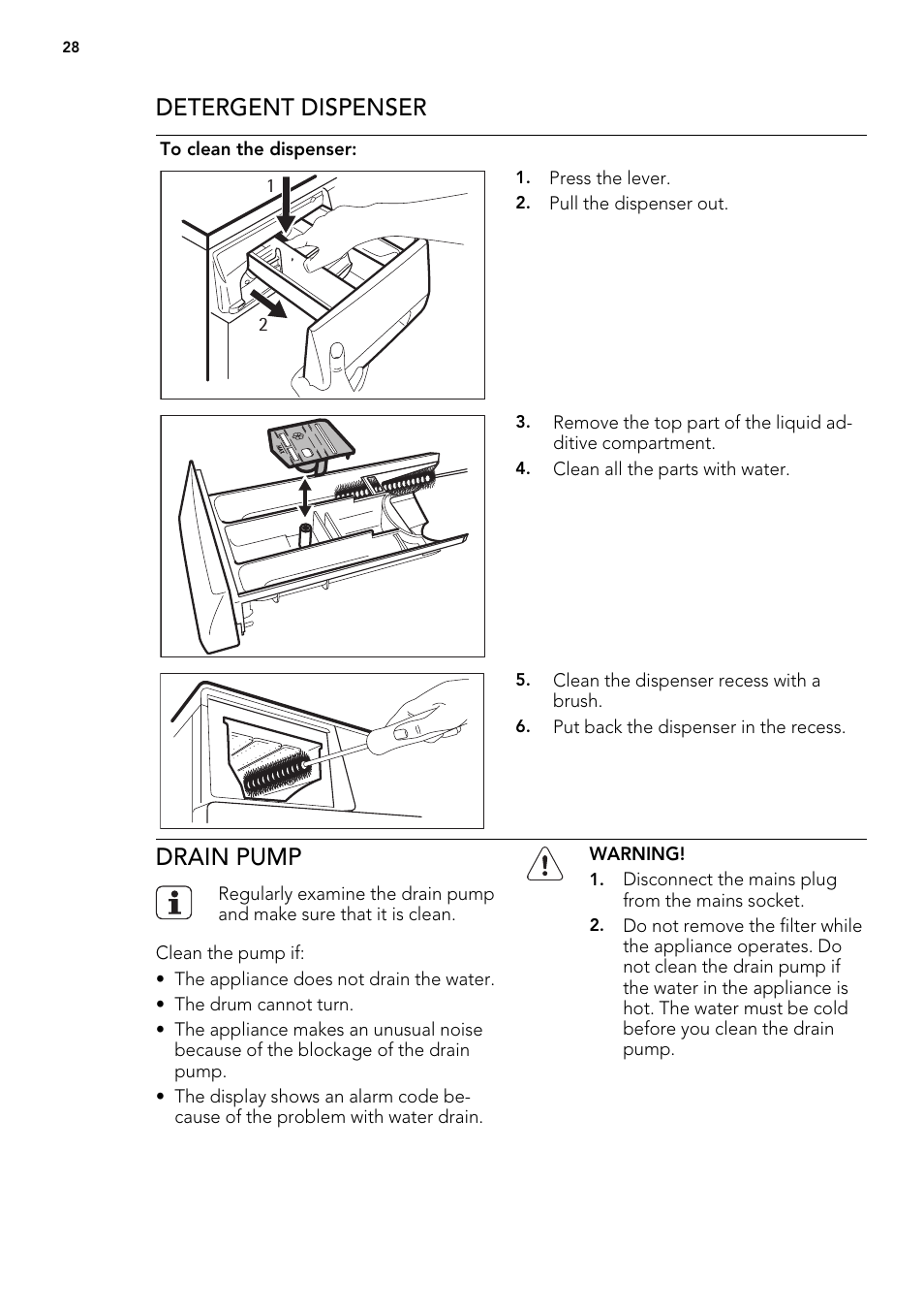 Detergent dispenser, Drain pump | AEG L 98485 FL User Manual | Page 28 / 44