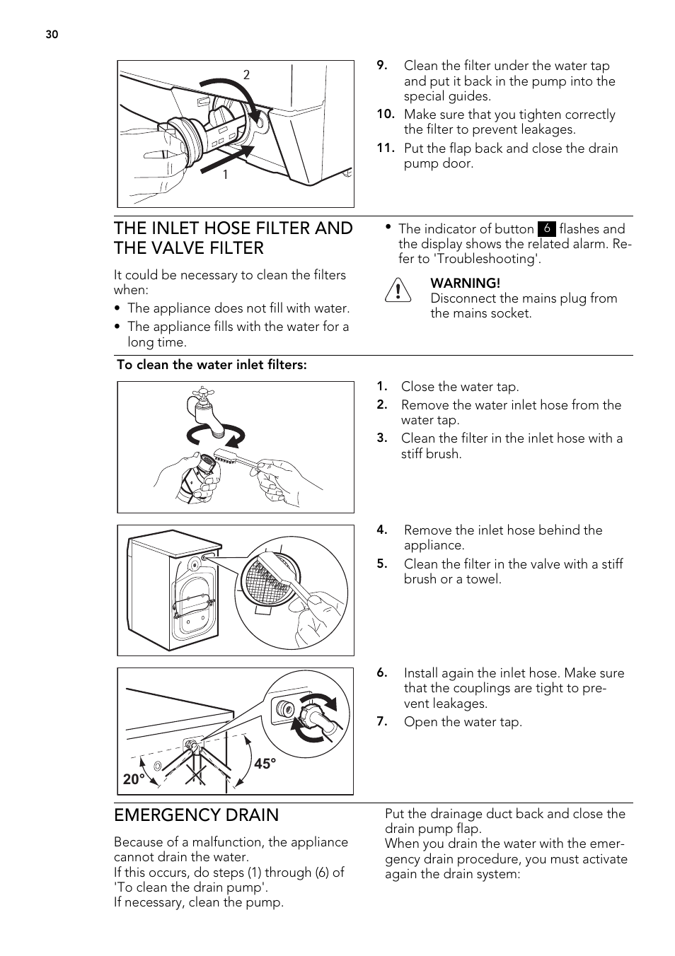 The inlet hose filter and the valve filter, Emergency drain | AEG L 98485 FL User Manual | Page 30 / 44