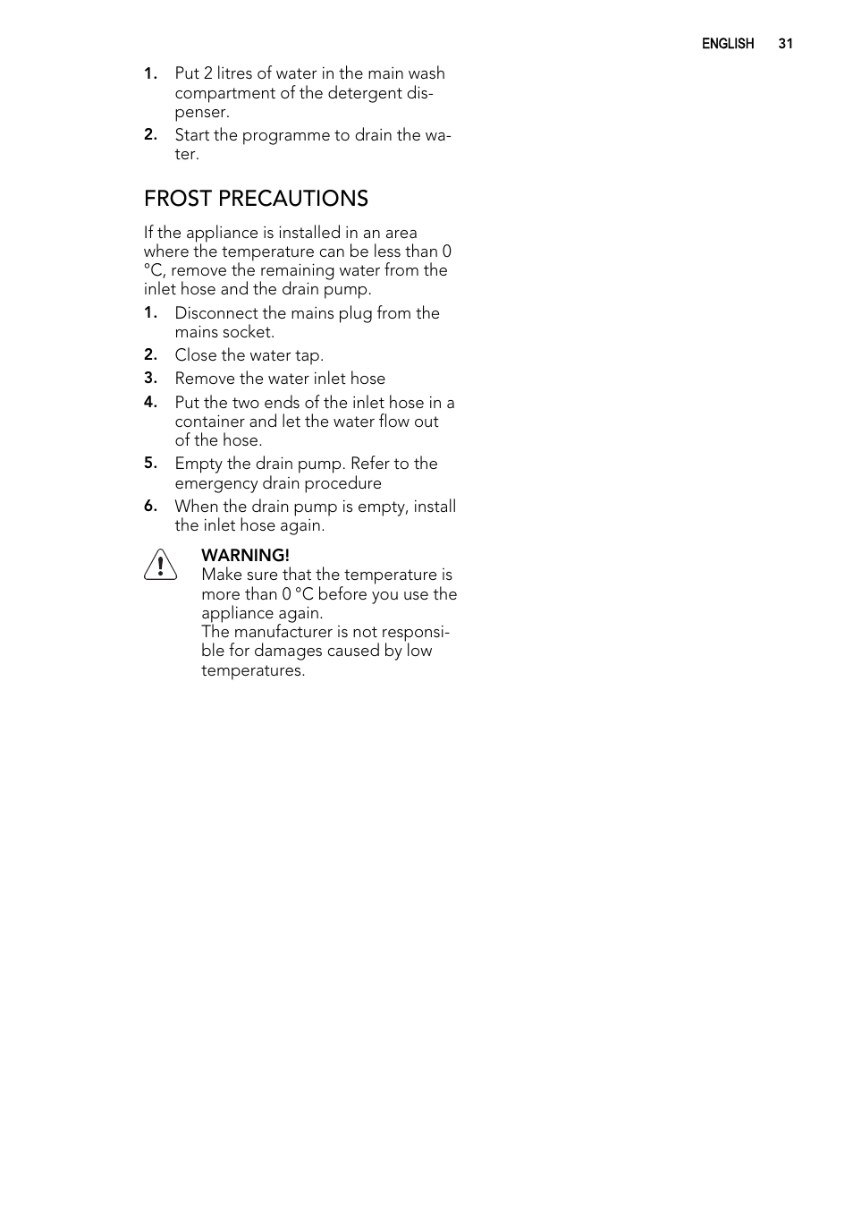 Frost precautions | AEG L 98485 FL User Manual | Page 31 / 44