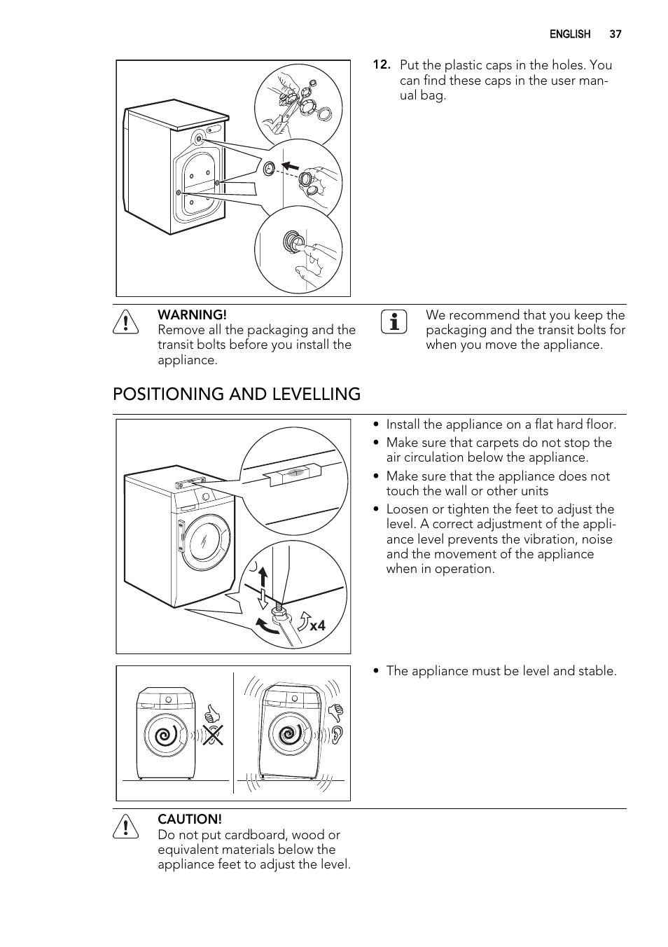 Positioning and levelling | AEG L 98485 FL User Manual | Page 37 / 44