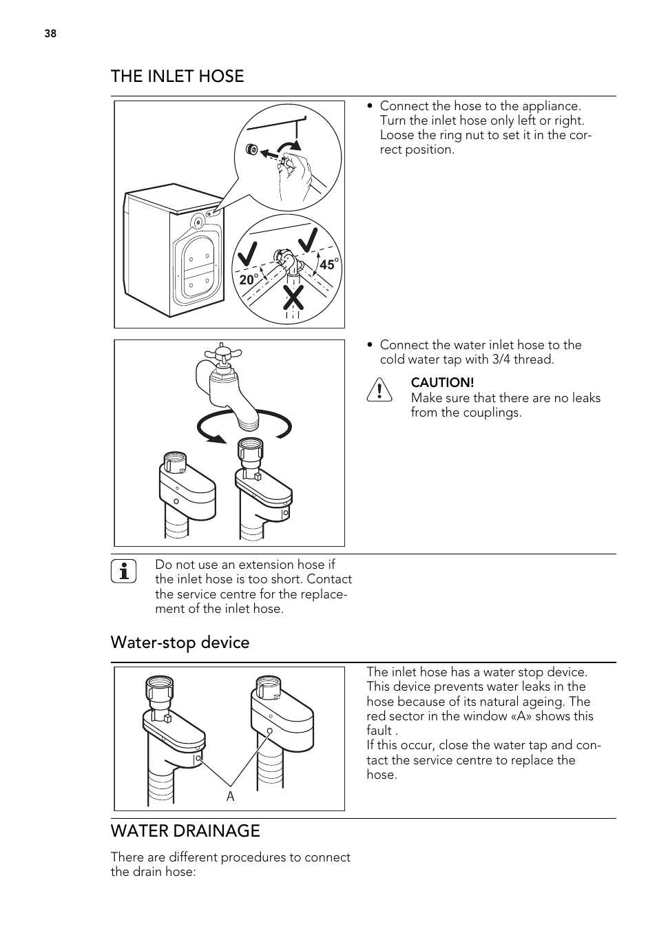 The inlet hose, Water-stop device, Water drainage | AEG L 98485 FL User Manual | Page 38 / 44