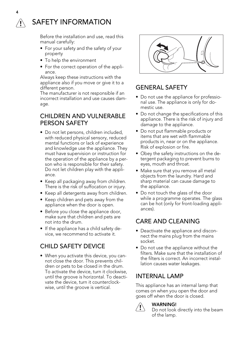 Safety information, Children and vulnerable person safety, Child safety device | General safety, Care and cleaning, Internal lamp | AEG L 98485 FL User Manual | Page 4 / 44