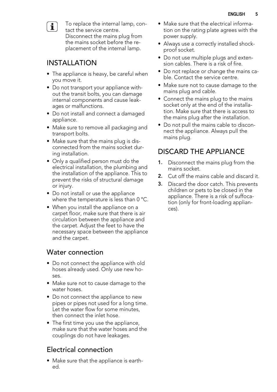 Installation, Water connection, Electrical connection | Discard the appliance | AEG L 98485 FL User Manual | Page 5 / 44