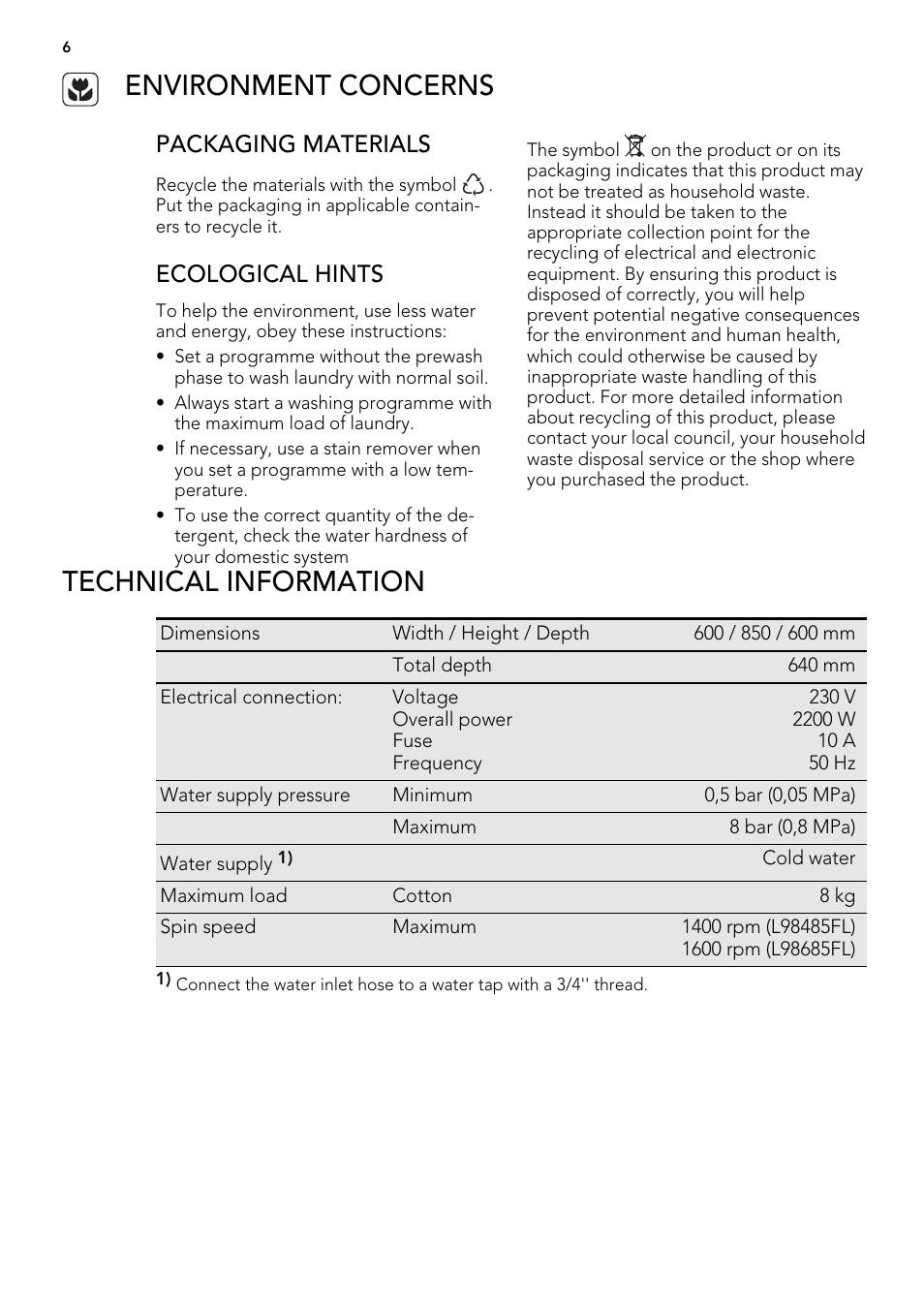 Environment concerns, Technical information, Packaging materials | Ecological hints | AEG L 98485 FL User Manual | Page 6 / 44