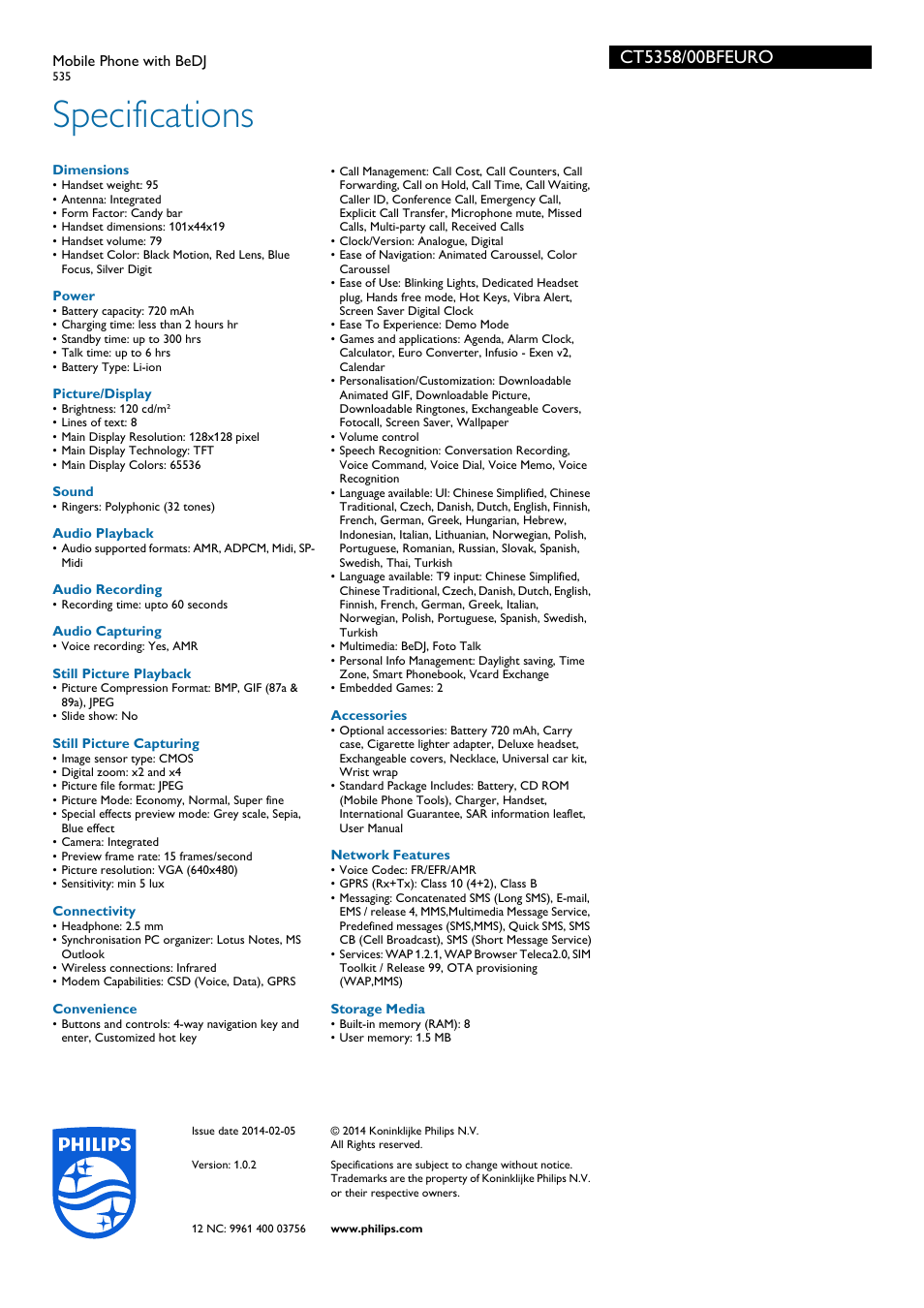 Specifications | Philips 535 User Manual | Page 3 / 3